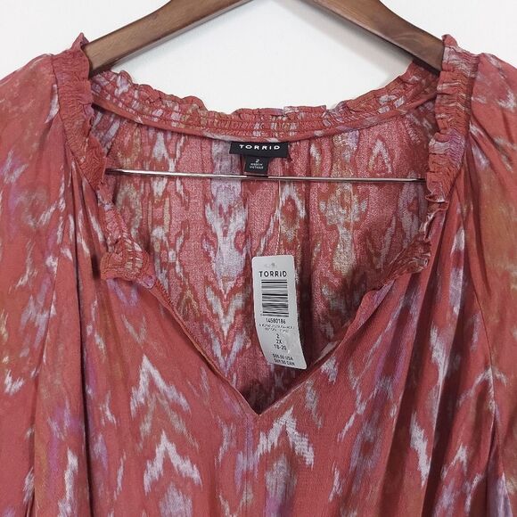 Torrid Crepe Tie Waist Peasant Blouse Ruffled Tie Collar Size 2XL - Picture 6 of 9